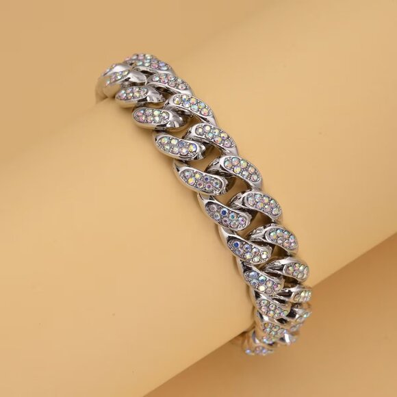 White Aurora Borealis Austrian Crystal Curb Link Chain Bracelet in Silvertone - Picture 4 of 5